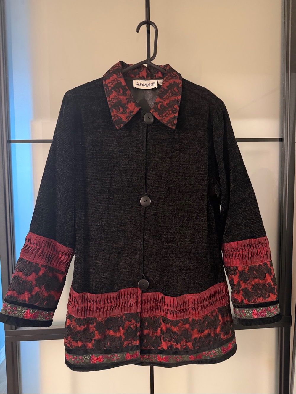 Vintage Boho 90s Anage Black & Red Art-to-Wear Jacket Floral Trim Button Front